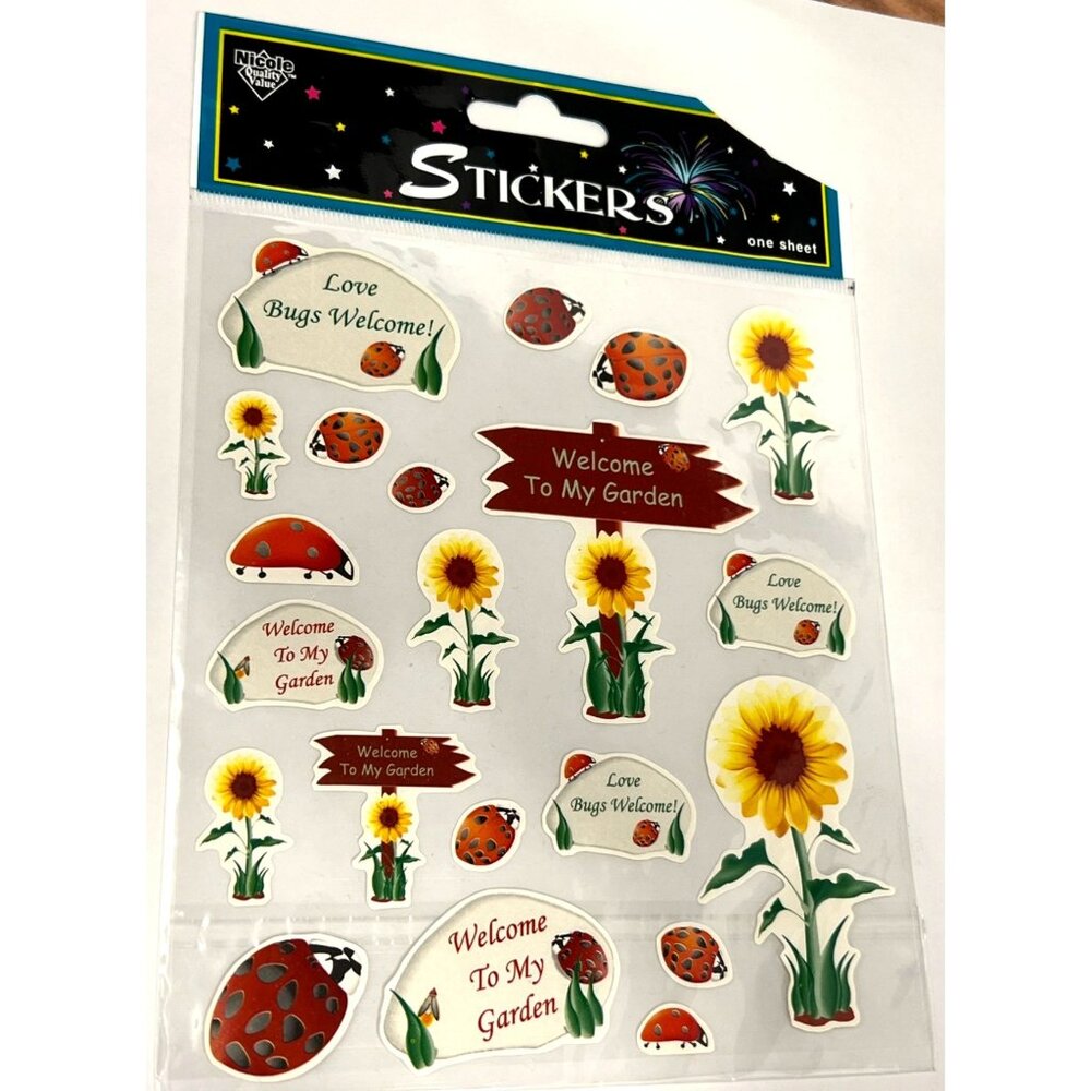NICOLE STK196 WELCOME TO MY GARDEN SET OF STICKERS SUNFLOWER LADYBUG